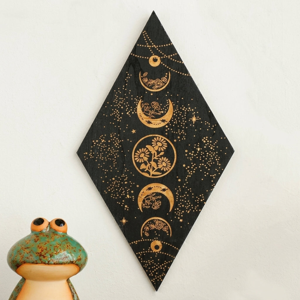 Black Moon Phase Wooden Wall Decor | Boho Rhombus Wall Art
