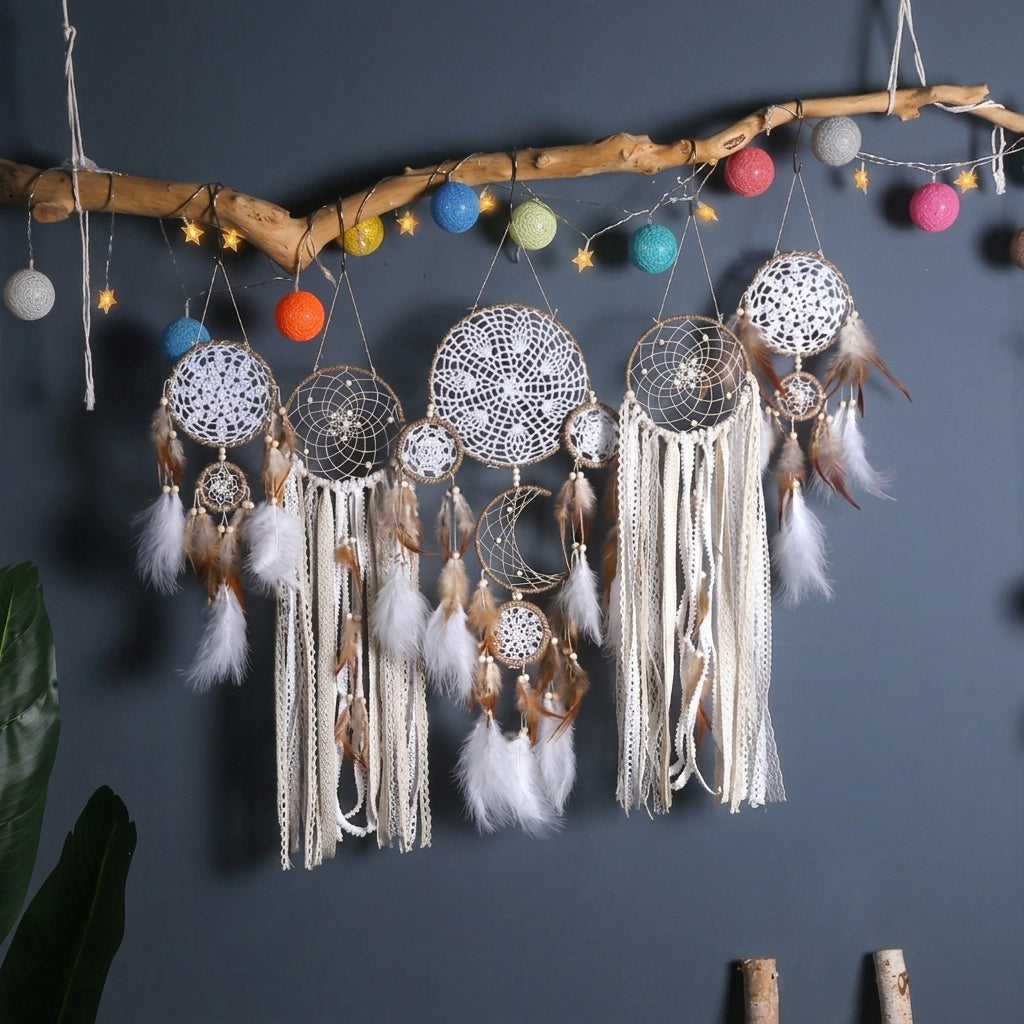 5-Piece Boho Moon & Star Dreamcatcher Set | Aesthetic Wall Hanging Decor