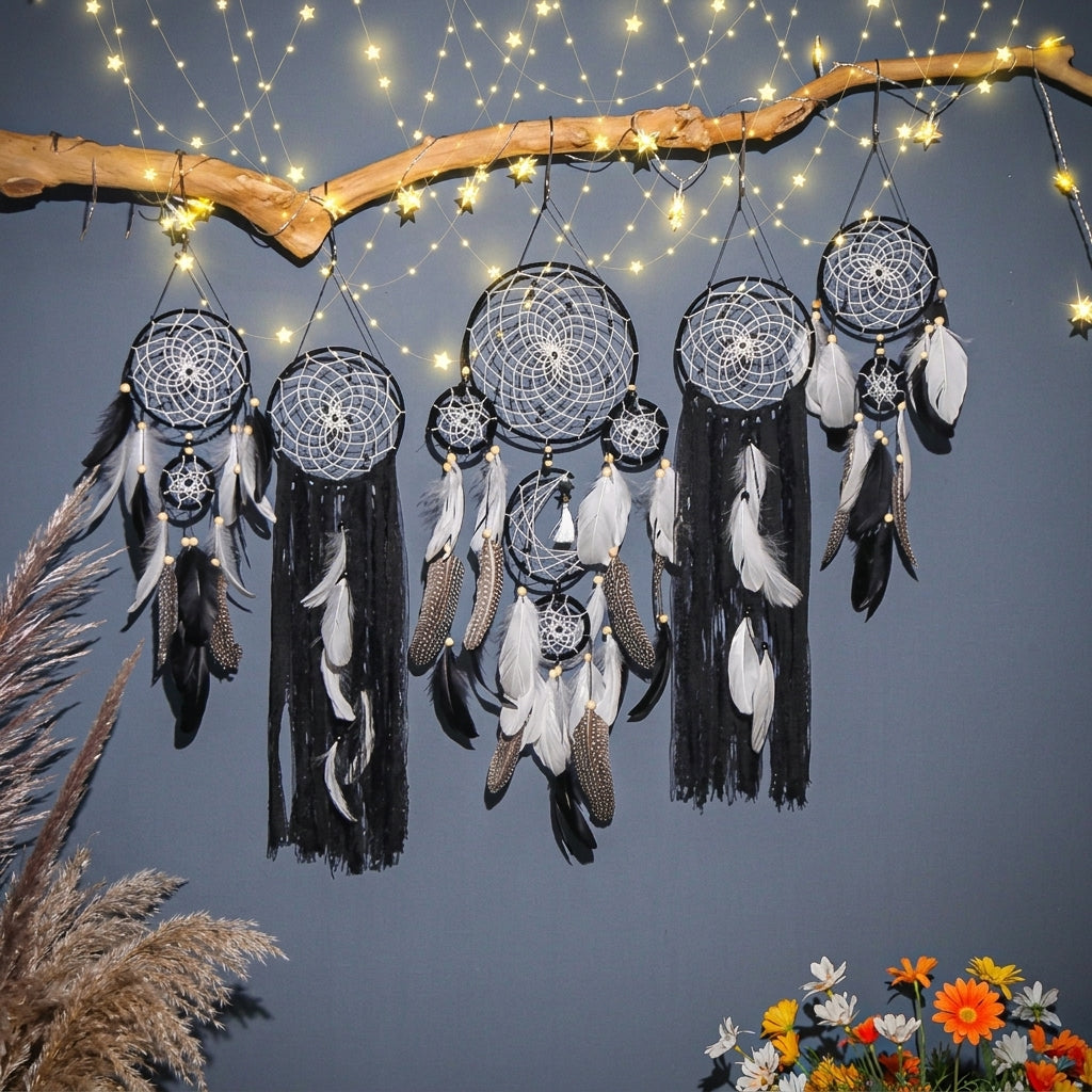 5-Piece Boho Moon & Star Dreamcatcher Set | Aesthetic Wall Hanging Decor