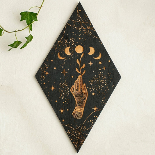 Black Moon Phase Wooden Wall Decor | Boho Rhombus Wall Art