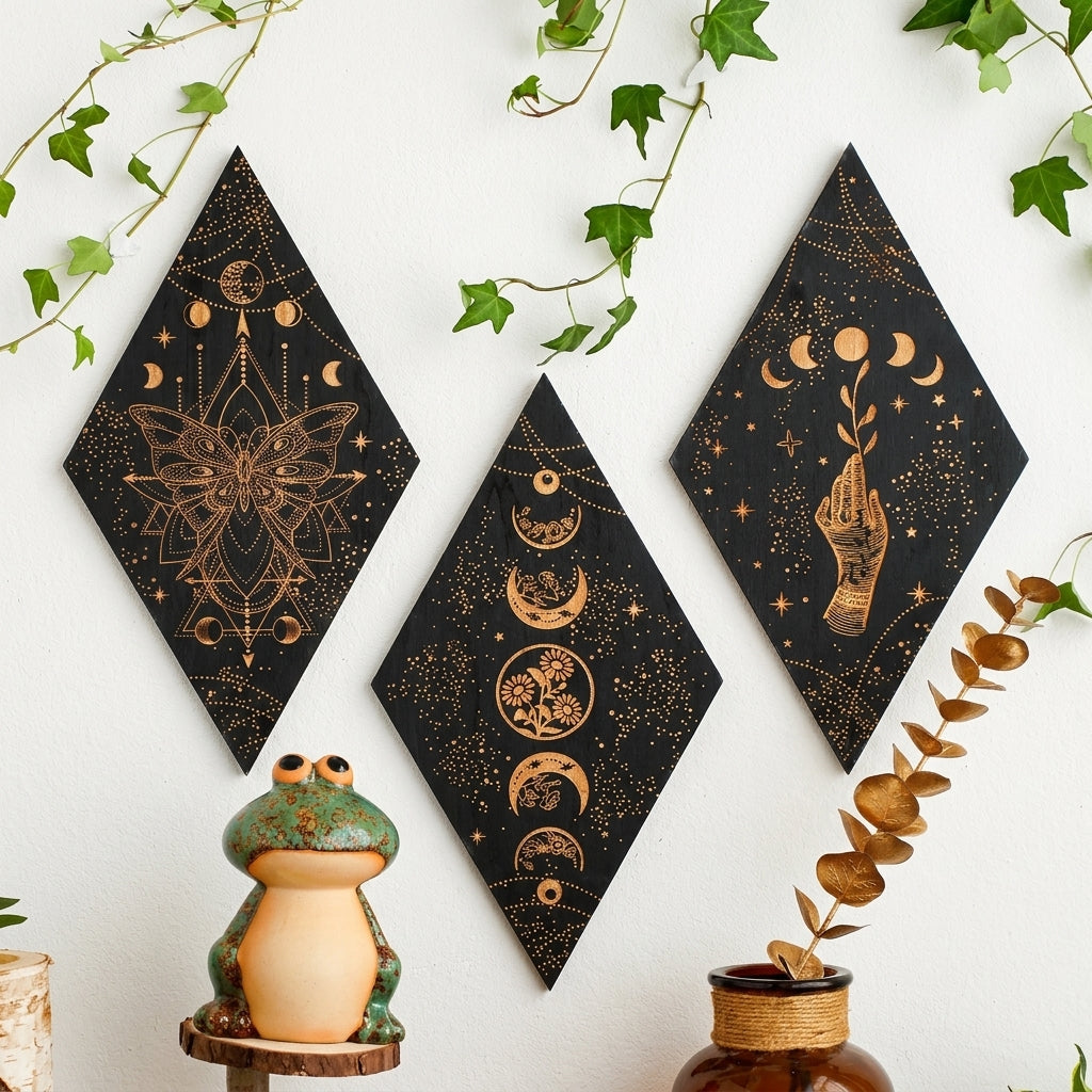 Black Moon Phase Wooden Wall Decor | Boho Rhombus Wall Art